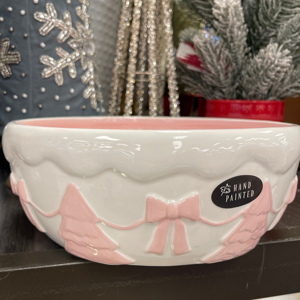Pink Christmas Tree with Pink Bows Coquette Large Ceramic Bowl Holiday NEW